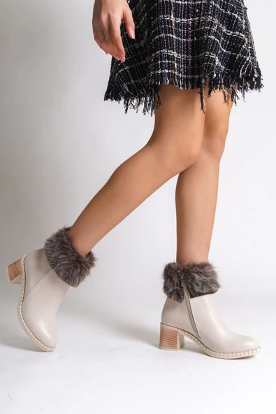 Joy Ayakkabı JULIA Fermuarlı Ortopedik Taban Tüylü Topuklu Kadın Bot CKT - Krem - Resim 2