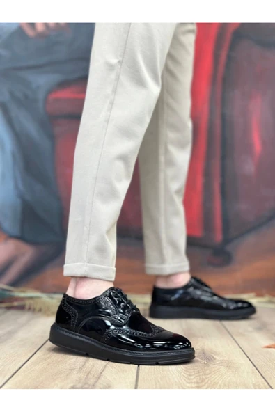 Bitmedeniste Ba0003 Bağcıklı Klasik Siyah Taban Rugan Yüksek Taban Casual Erkek Ayakkabı - Resim 3