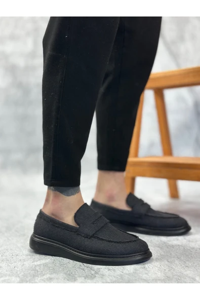 Arda Erkek AyakkabıBA0355 Bağcıksız Keten Siyah Taban Klasik Corcik Erkek Ayakkabı - Resim 2