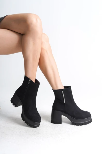 Joy Ayakkabı LISSE Fermuarlı Ortopedik Taban Kalın Topuklu Süet Kadın Bot SST - Siyah - Resim 2
