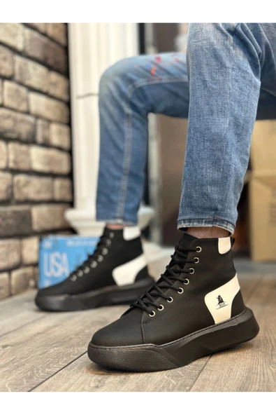 aradimtaradim BA0155 Bağcıklı Erkek Yüksek Taban Siyah Beyaz Spor Bot - Resim 2