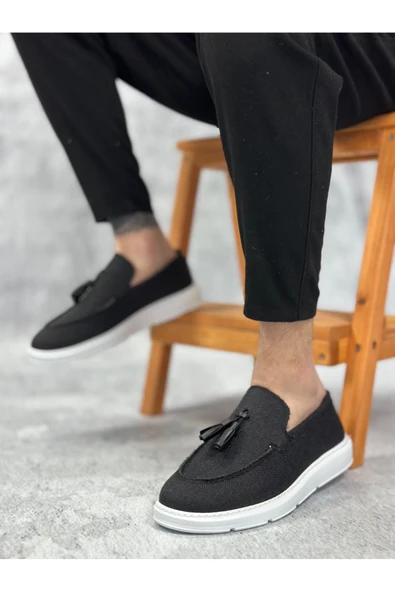 Arda Erkek AyakkabıBA0005 Bağcıksız Yüksek Taban Klasik Keten Siyah Püsküllü Erkek Ayakkabı ürün görseli 1