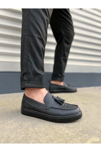 Joy Ayakkabı JY153 Bloom Bağcıksız Püsküllü Cilt Erkek Günlük Spor Klasik Ayakkabı CST - Siyah ürün görseli