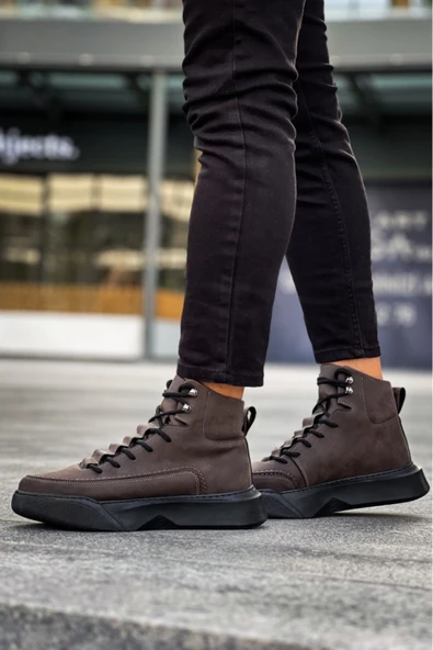 turkuaze BA0321 Gizli Bağcıklı Erkek Yüksek Taban Kahverengi Spor Bot - Resim 4