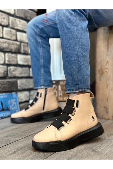Black Bull BA0142 Bantlı Erkek Yüksek Taban Krem Spor Bot - Resim 2