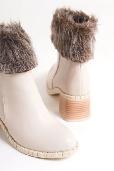 Joy Ayakkabı JULIA Fermuarlı Ortopedik Taban Tüylü Topuklu Kadın Bot CKT - Krem - Resim 5