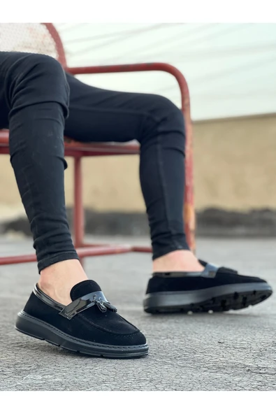 Arda BA0005 Bağcıksız Yüksek Taban Klasik Siyah Süet Parlak Kuşaklı Püsküllü Erkek Ayakkabı ürün görseli 1