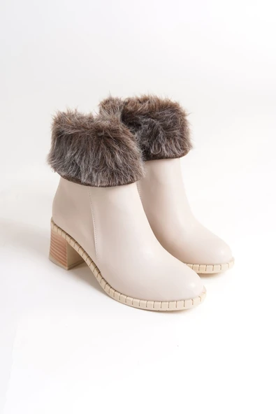Joy Ayakkabı JULIA Fermuarlı Ortopedik Taban Tüylü Topuklu Kadın Bot CKT - Krem - Resim 4