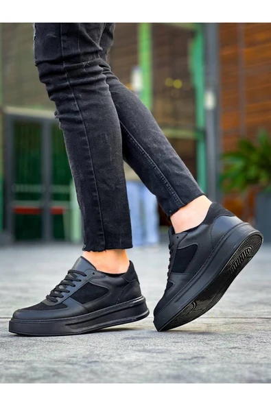 Arda Erkek AyakkabıKB-X8 Kuback Siyah Cilt Siyah Süet Detaylı Siyah Yüksek Taban Günlük Spor Ayakkabı - Resim 2