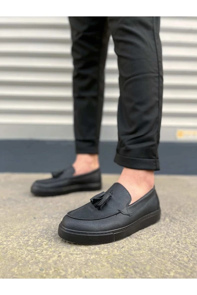 Joy Ayakkabı JY153 Bloom Bağcıksız Püsküllü Cilt Erkek Günlük Spor Klasik Ayakkabı CST - Siyah - Resim 2