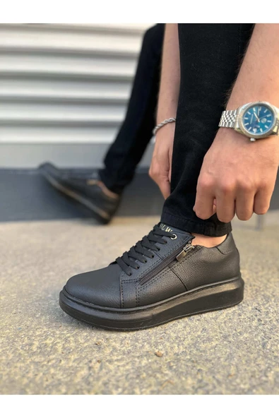 Joy Ayakkabı JY155 Warrior Bağcıklı ve Fermuarlı Cilt Erkek Günlük Sneaker Ayakkabı CST - Siyah - Resim 3