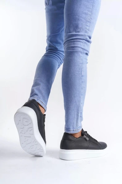 aradimtaradim SLW155 Warrior Bağcıklı ve Fermuarlı Cilt Erkek Günlük Sneaker Ayakkabı CBT - Siyah - Resim 3