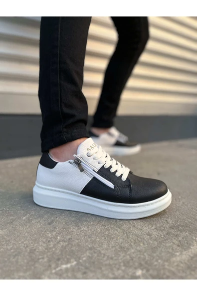 Joy Ayakkabı JY155 Warrior Bağcıklı ve Fermuarlı Cilt Erkek Günlük Sneaker Ayakkabı CBT - Beyaz/Siyah ürün görseli 1