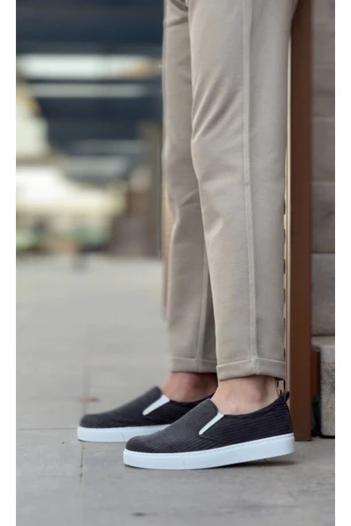 aradimtaradim BA0339 Bağcıksız Kadife Gri Beyaz Taban Günlük Erkek Ayakkabı - Resim 2
