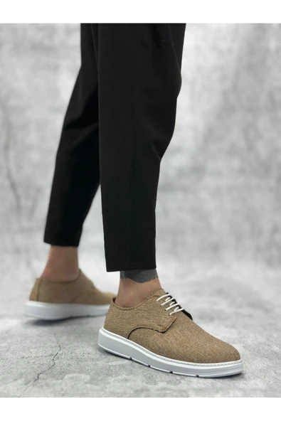 Arda BA0003 Bağcıklı Klasik Spor Keten Hardal Beyaz Taban Casual Erkek Ayakkabı - Resim 3