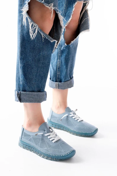 İnfon Ayakkabı Marketi Spor S-365 Mavi Desenli Hakiki Deri Şeffaf Taban Kadın Spor Ayakkabı ürün görseli