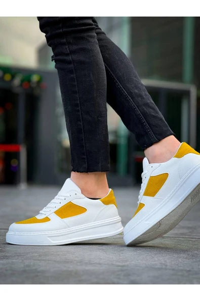 Arda Erkek AyakkabıKB-X8 Kuback Beyaz Cilt Sarı Süet Detaylı Beyaz Yüksek Taban Günlük Spor Ayakkabı - Resim 5