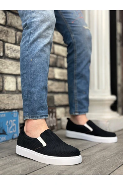 COWBRAND BA0339 Bağcıksız Kadife Siyah Beyaz Taban Günlük Erkek Ayakkabı - Resim 3