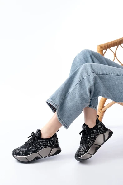 İnfon Ayakkabı Marketi Spor Ayakkabı RS-402 Siyah Bağcıklı Fileli Taşlı Platin Taban Günlük Kadın Spor ürün görseli