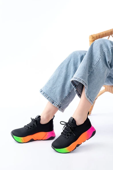 İnfon Ayakkabı Marketi Spor Ayakkabı RS-400 Siyah Bağcıklı Fileli Renkli Taban Günlük Kadın Spor - Resim 2