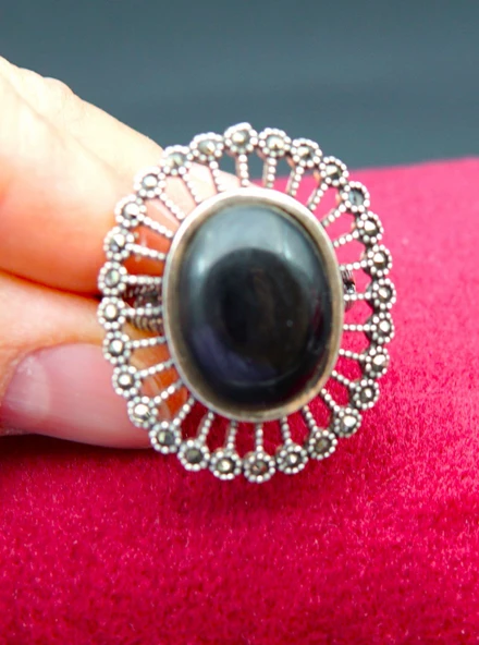 925 Ayar Kadın Gümüş Oltu Taşı Yüzük sy00050 ürün görseli 1