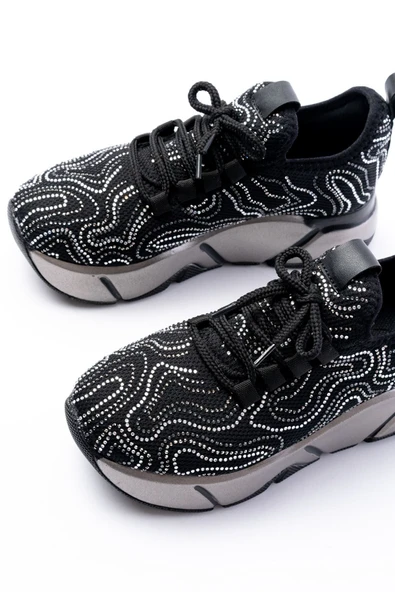 İnfon Ayakkabı Marketi Spor Ayakkabı RS-402 Siyah Bağcıklı Fileli Taşlı Platin Taban Günlük Kadın Spor - Resim 5