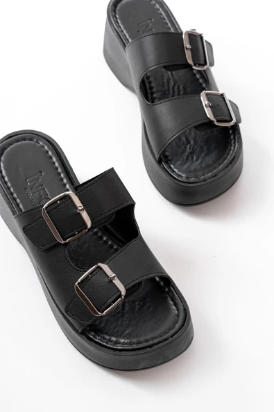 İnfon Ayakkabı Marketi Terlik24414-574 Siyah Günlük Tokalı Dolgu Topuk Kadın Terlik - Resim 4