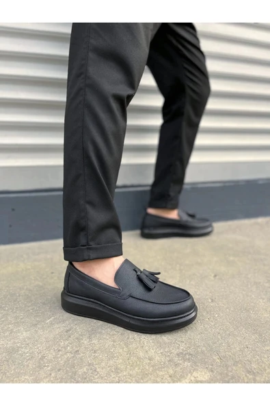 Joy Ayakkabı JY154 Blaze Bağcıksız Püsküllü Cilt Erkek Günlük Spor Klasik Ayakkabı CST - Siyah ürün görseli 1