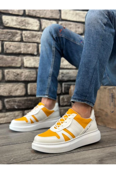 Byshoes BA0548 BOA Kalın Yüksek Beyaz Hardal Beyaz Taban Bağcıklı Spor Erkek Ayakkabı - Resim 2