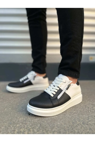 Joy Ayakkabı JY155 Warrior Bağcıklı ve Fermuarlı Cilt Erkek Günlük Sneaker Ayakkabı CBT - Beyaz/Siyah - Resim 2