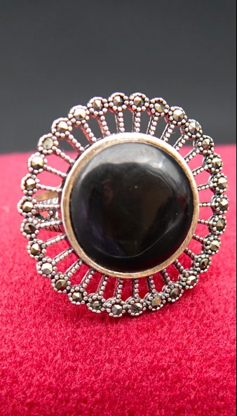 925 Ayar Kadın Gümüş Oltu Taşı Yüzük sy00051 ürün görseli 1