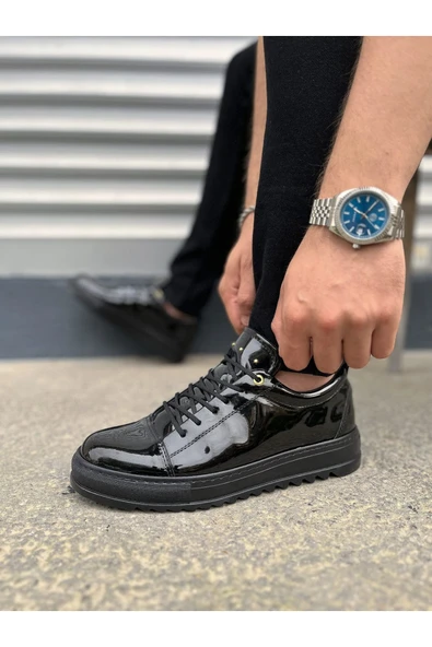Joy Ayakkabı JY152 Cool Bağcıklı Rugan Erkek Günlük Spor Klasik Ayakkabı RST - Siyah - Resim 3