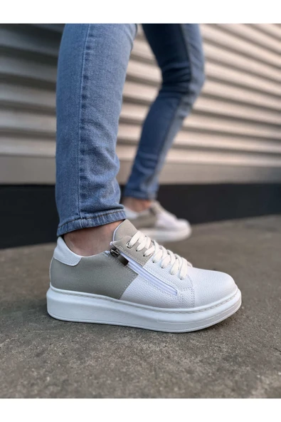 Joy Ayakkabı JY155 Warrior Bağcıklı ve Fermuarlı Cilt Süet Erkek Günlük Sneaker Ayakkabı CSBT - Beyaz/Gri ürün görseli 1