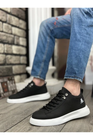 aradimtaradim BA0331 Bağcıklı Erkek Yüksek Taban Cilt Siyah Beyaz Taban Spor Ayakkabı - Resim 2