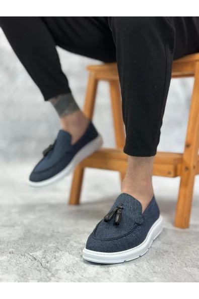 Arda Erkek AyakkabıBA0005 Bağcıksız Yüksek Taban Klasik Keten Lacivert Püsküllü Erkek Ayakkabı ürün görseli 1