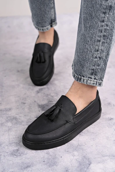 Arda Erkek AyakkabıSLW153 Bloom Bağcıksız Püsküllü Cilt Erkek Günlük Spor Klasik Ayakkabı CST - Siyah - Resim 4