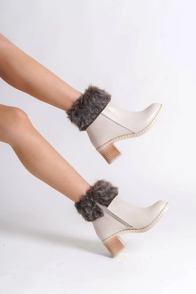 Joy Ayakkabı JULIA Fermuarlı Ortopedik Taban Tüylü Topuklu Kadın Bot CKT - Krem - Resim 3