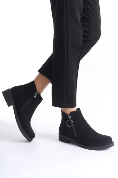 Joy Ayakkabı MARGARET Fermuarlı Ortopedik Taban Topuklu Süet Kadın Bot SST - Siyah ürün görseli