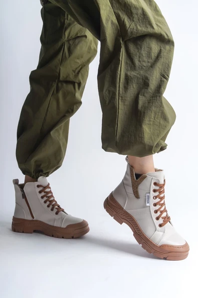 Joy Ayakkabı AMBER Bağcıklı Fermuarlı Ortopedik Taban Kadın Bot CTT - Krem - Resim 2