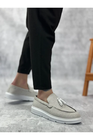 Arda Erkek AyakkabıBA0005 Bağcıksız Yüksek Taban Klasik Yeni Keten Gri Püsküllü Erkek Ayakkabı - Resim 2