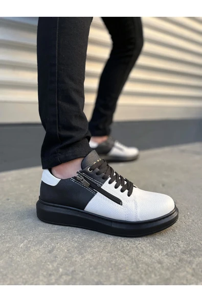 Joy Ayakkabı JY155 Warrior Bağcıklı ve Fermuarlı Cilt Erkek Günlük Sneaker Ayakkabı CST - Siyah/Beyaz ürün görseli 1