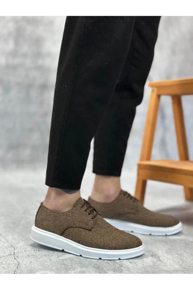 Arda BA0003 Bağcıklı Klasik Spor Keten Kahverengi Beyaz Taban Casual Erkek Ayakkabı - Resim 3