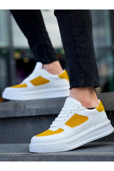 Arda Erkek AyakkabıKB-X8 Kuback Beyaz Cilt Sarı Süet Detaylı Beyaz Yüksek Taban Günlük Spor Ayakkabı - Resim 4