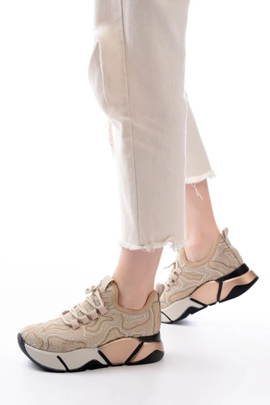 İnfon Ayakkabı Marketi Spor Ayakkabı RS-402 Siyah Bağcıklı Fileli Taşlı Platin Taban Günlük Kadın Spor ürün görseli