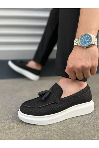 Joy Ayakkabı JY154 Blaze Bağcıksız Püsküllü Keten Erkek Günlük Spor Klasik Ayakkabı KBT - Siyah - Resim 3