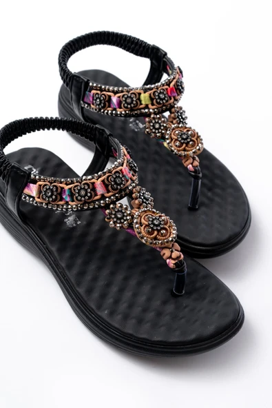 İnfon Ayakkabı Marketi SandaletDM-609 Siyah Taşlı Arka Lastikli Parmak Arası Kadın Sandalet - Resim 4