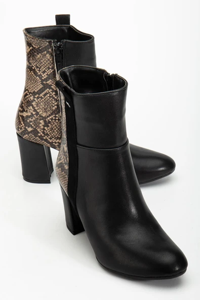 İnfon Ayakkabı Marketi bot 292 Siyah Leopar Desen Detaylı Fermuarlı Yüksek Topuklu Günlük Kadın Bot - Resim 4