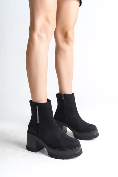 Joy Ayakkabı LISSE Fermuarlı Ortopedik Taban Kalın Topuklu Süet Kadın Bot SST - Siyah ürün görseli