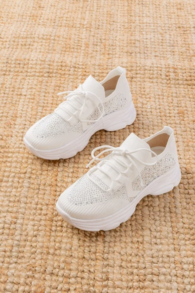 İnfon Ayakkabı Marketi Spor Ayakkabı 3002 Beyaz Bağcıklı Fileli Taş Aksesuarlı Günlük Spor Ayakkabı - Resim 3