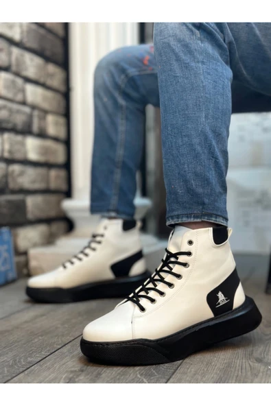 aradimtaradim BA0155 Bağcıklı Erkek Yüksek Taban Beyaz Siyah Taban Spor Bot - Resim 2